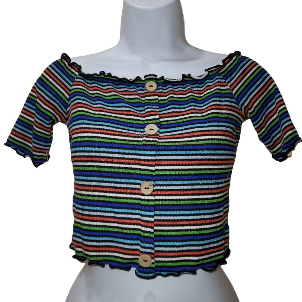 Ambiance Women's Size Medium Rrainbow Stripe Crop Top Short Sleeve